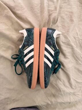 Adidas “UNISEX” Green Embossed Snakeskin Leather Sneakers with White Stripes